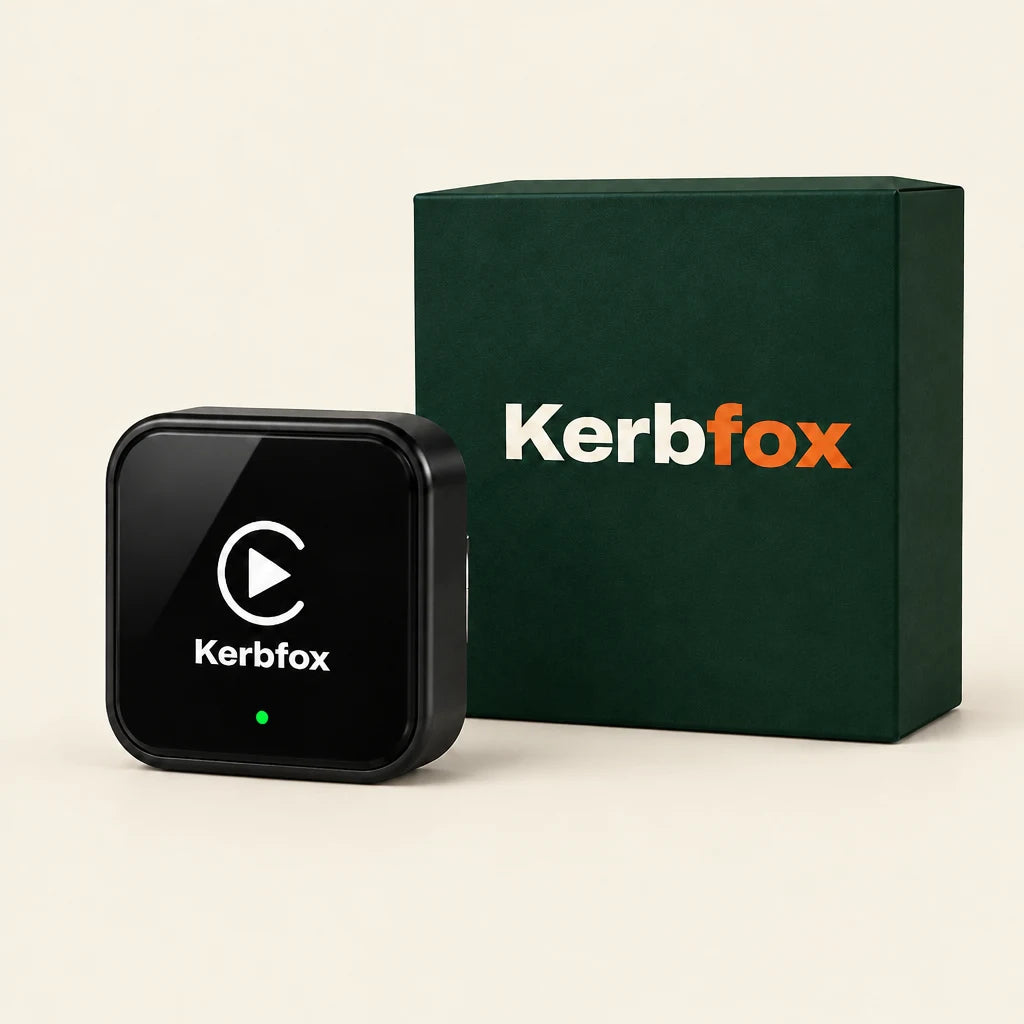 Kerbfox DashLink wireless CarPlay and Android Auto adapter with its Kerbfox box