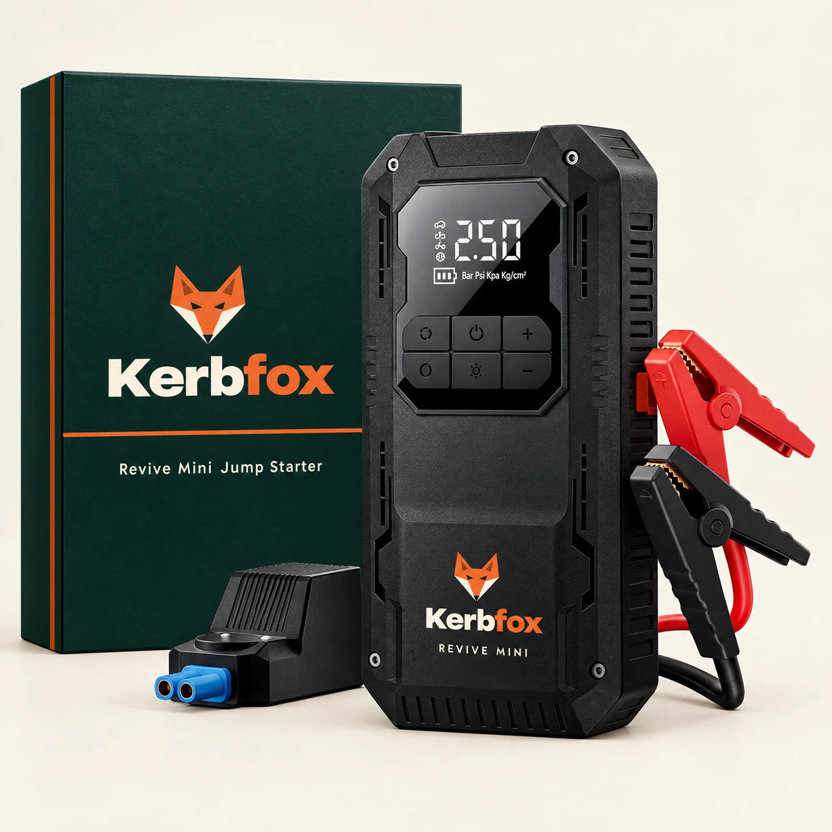 Kerbfox Revive Mini compact jump starter with its Kerbfox box