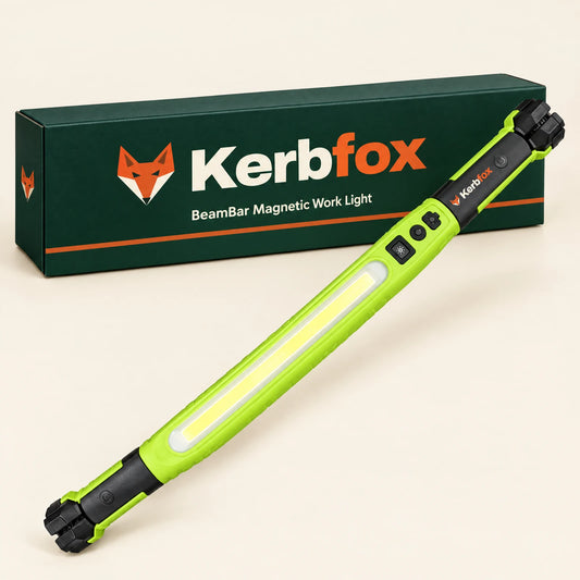 Kerbfox BeamBar magnetic LED work light with its Kerbfox box