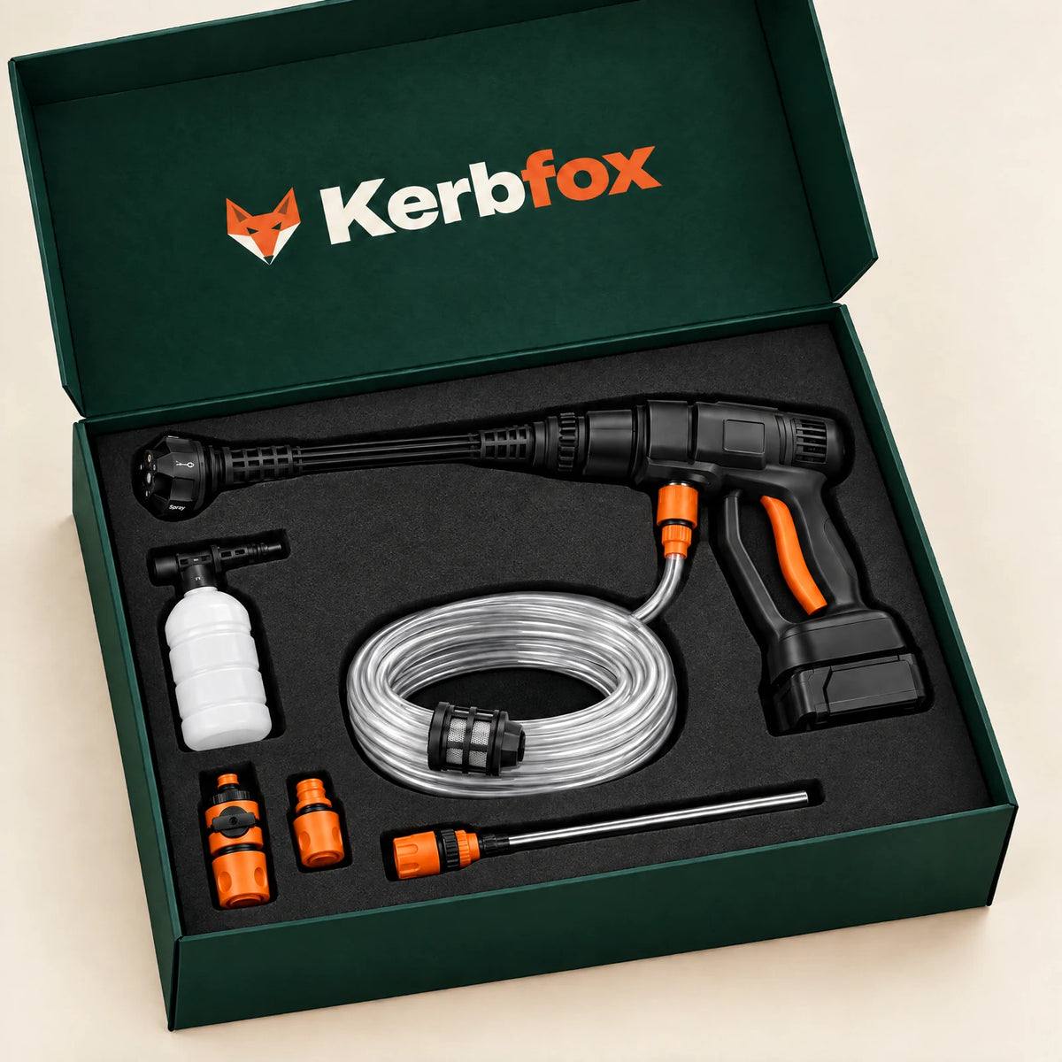 Kerbfox cordless pressure washer kit unboxed: washer, battery, hose, filter, foam bottle and connectors