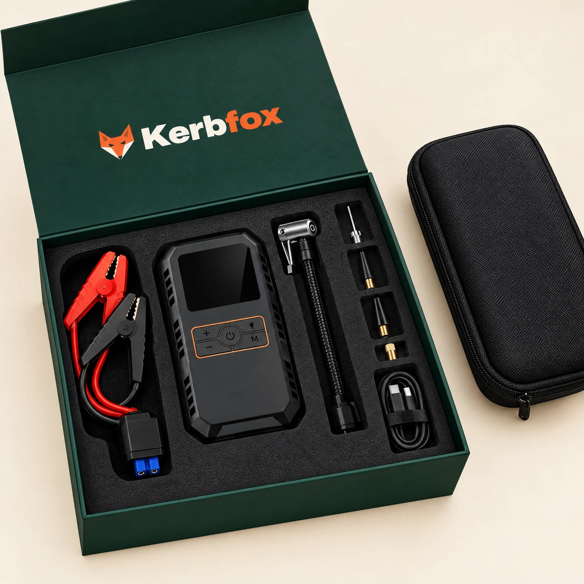 Kerbfox Revive jump starter kit unboxed with clamps, air hose and case