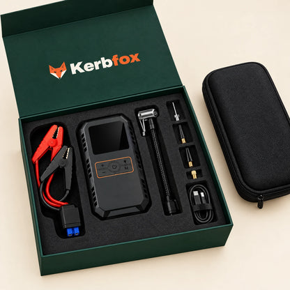 Kerbfox Revive jump starter kit unboxed with clamps, air hose and case