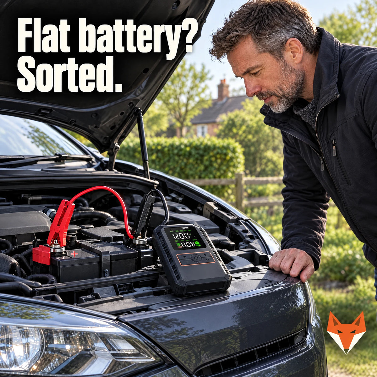 Man jump starting a flat car battery with the Kerbfox Revive
