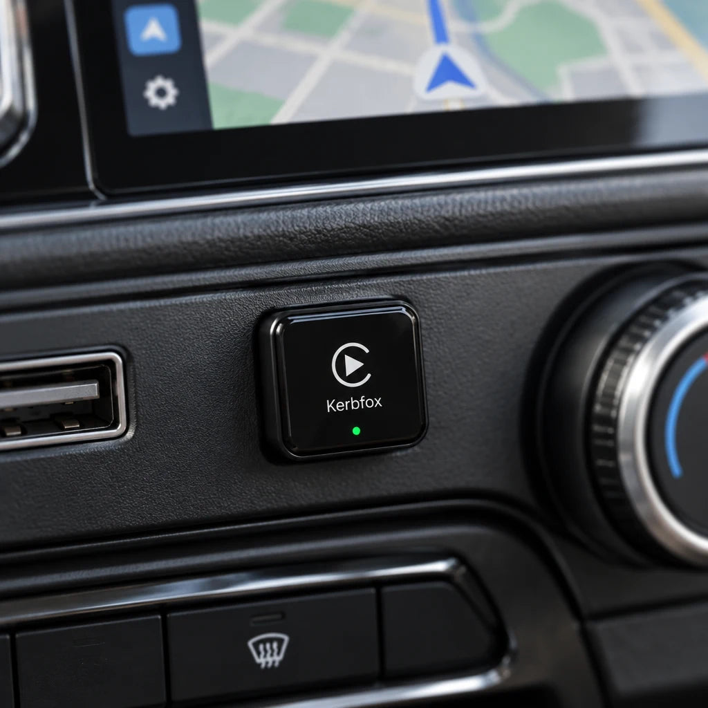 Kerbfox DashLink plugged into a car USB port with maps on the screen