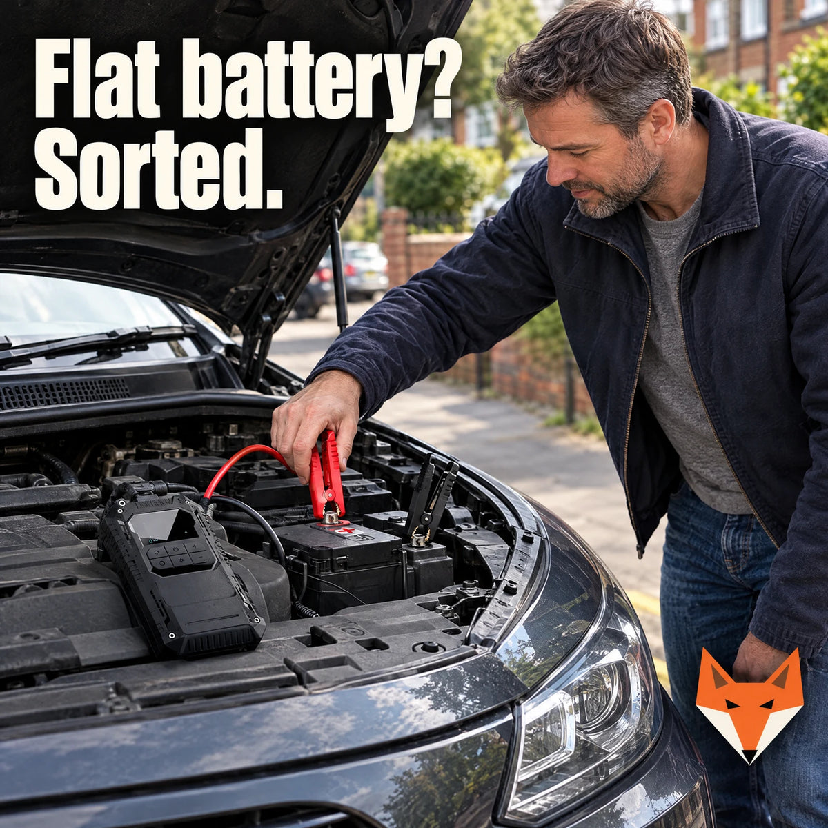 Man jump starting a car with the Kerbfox Revive Mini