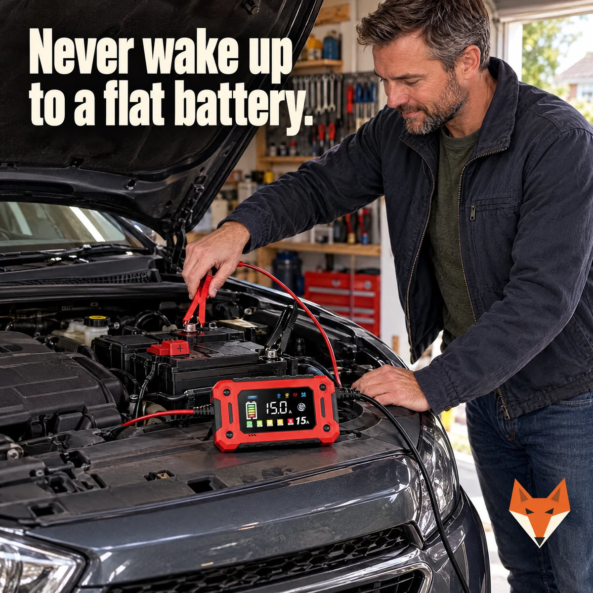 Man charging his car battery with the Kerbfox VoltKeeper