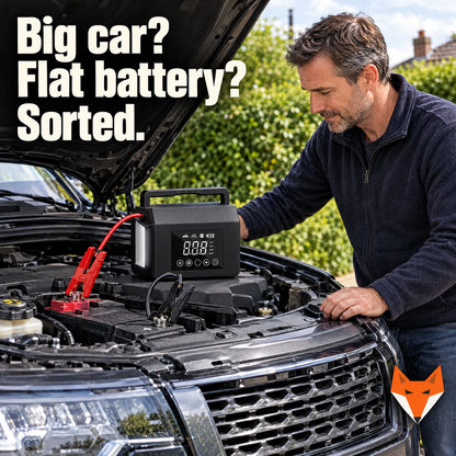 Man jump starting an SUV with the Kerbfox Revive Max