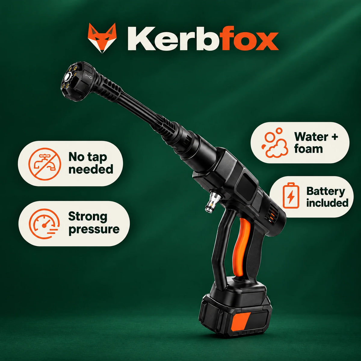 Kerbfox cordless pressure washer benefits: no tap needed, strong pressure, water and foam, battery included