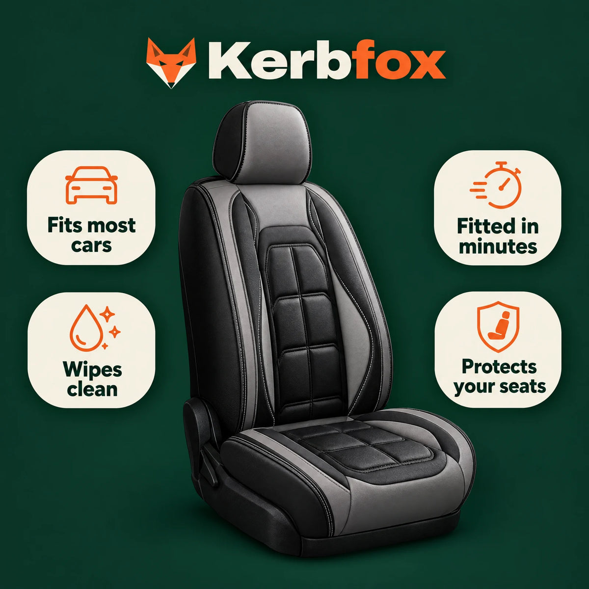 Kerbfox Heritage benefits: fits most cars, fitted in minutes, wipes clean, protects your seats
