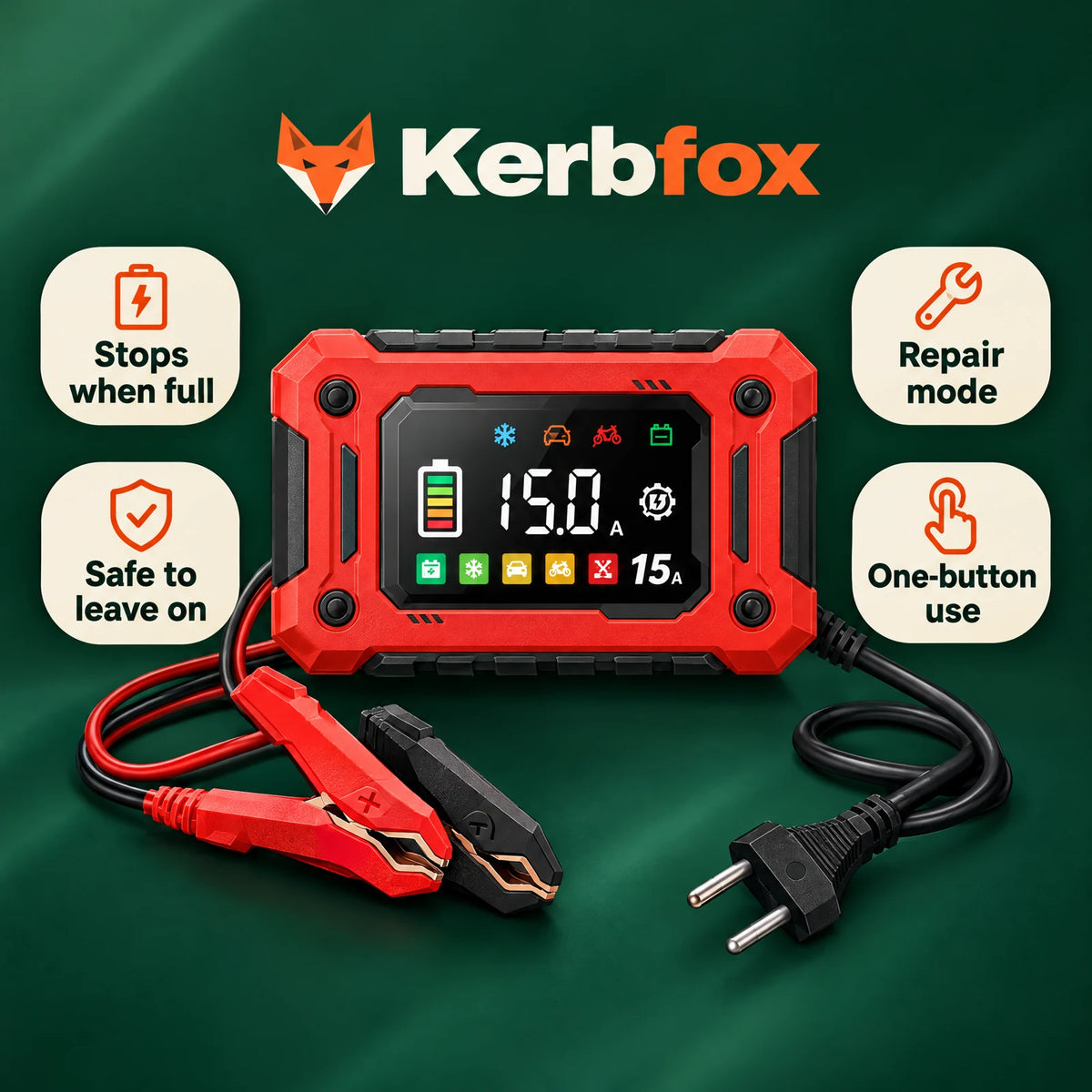Kerbfox VoltKeeper benefits: stops when full, safe to leave on, repair mode, one-button use