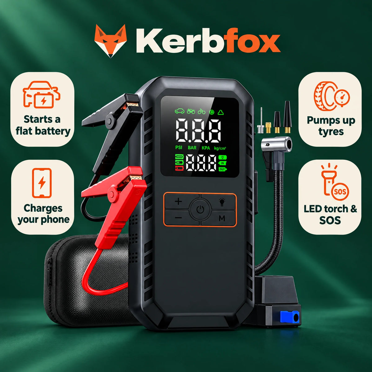 Kerbfox Revive benefits: starts a flat battery, pumps up tyres, charges your phone, LED torch