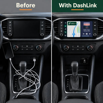 Before and after: phone cable on the dashboard versus Kerbfox DashLink wireless