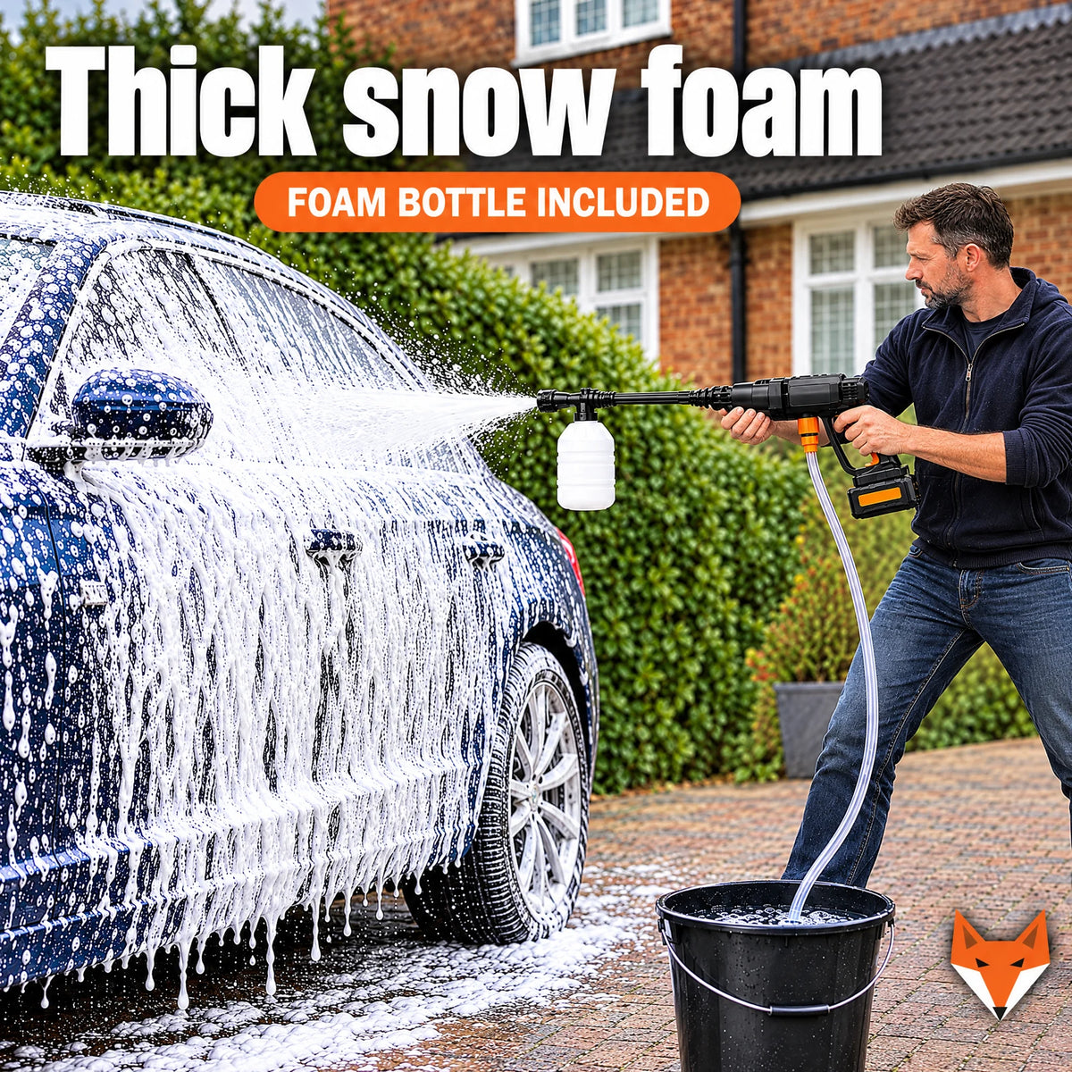 Man covering his car in thick snow foam with the Kerbfox cordless pressure washer