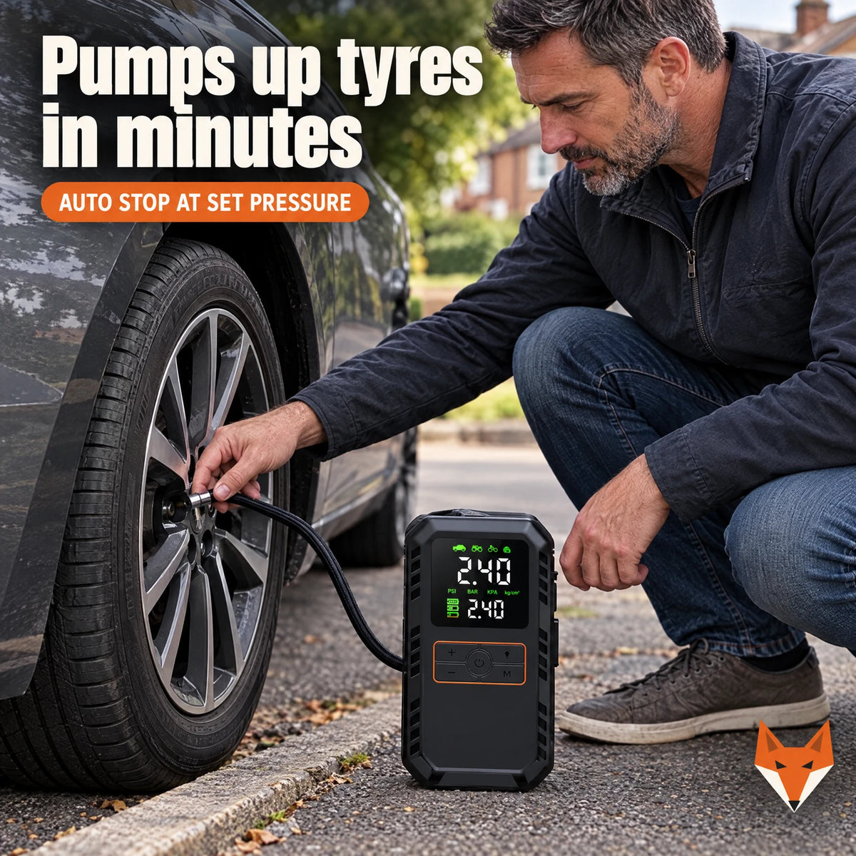 Kerbfox Revive tyre inflator pumping up a car tyre