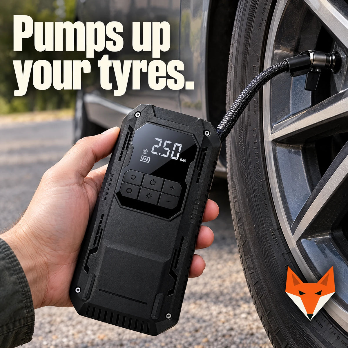 Kerbfox Revive Mini tyre inflator pumping up a tyre