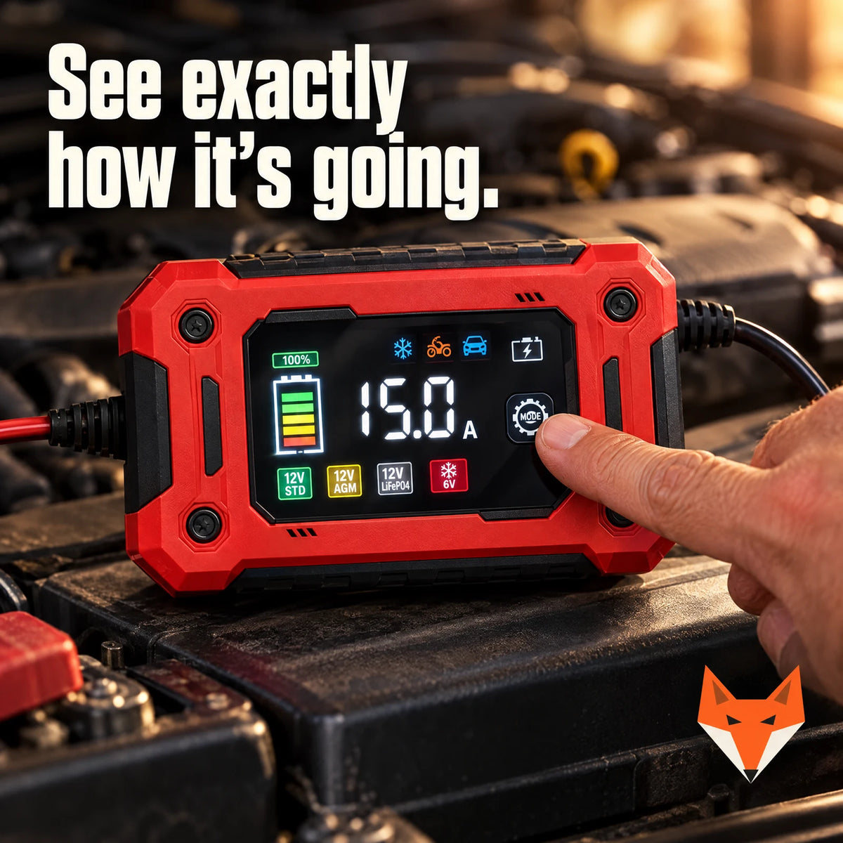 Kerbfox VoltKeeper charging screen showing battery level