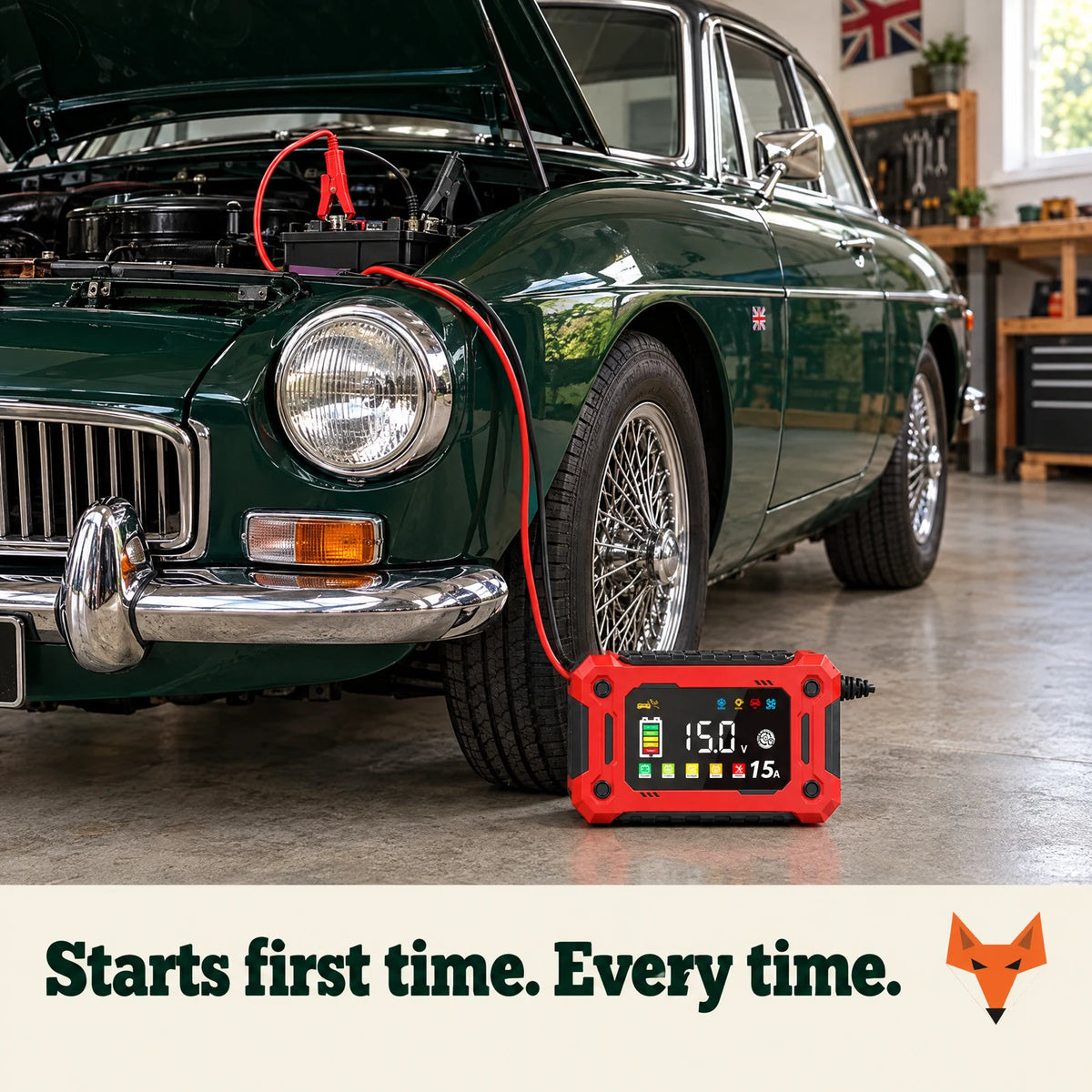 Kerbfox VoltKeeper maintaining a classic car battery in a garage