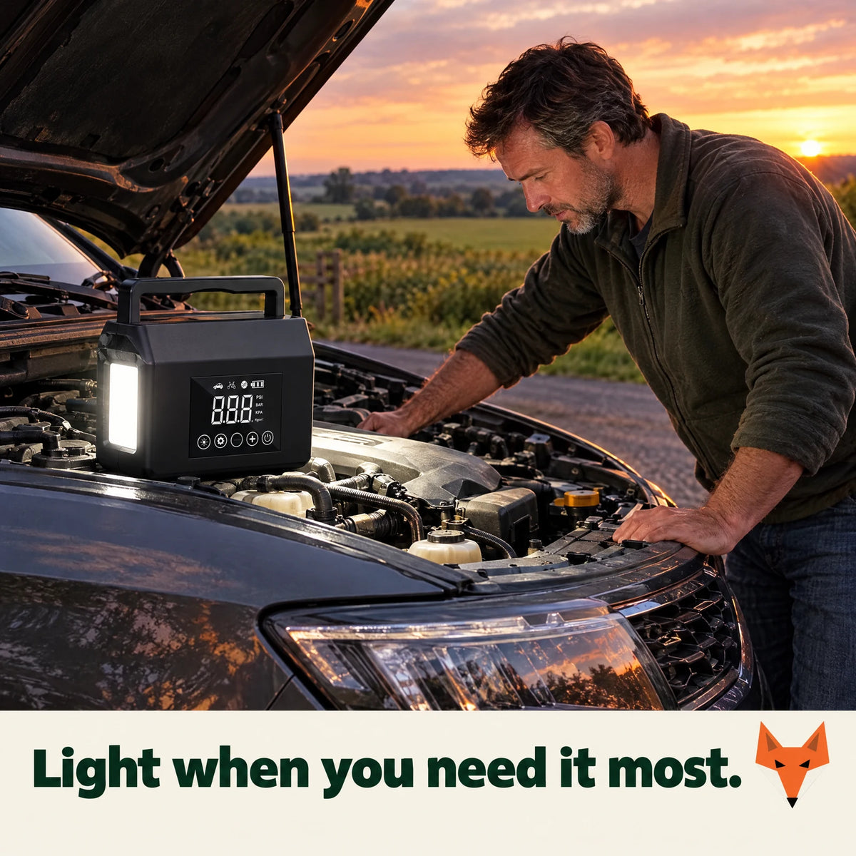 Kerbfox Revive Max LED light lighting an engine at dusk