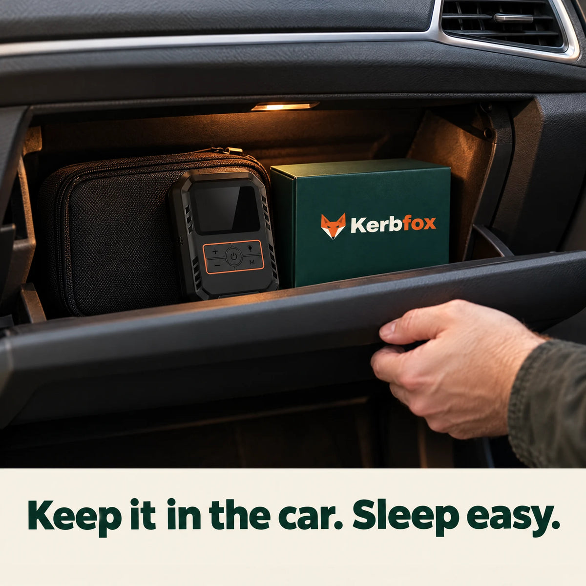 Kerbfox Revive jump starter kept in the car glovebox