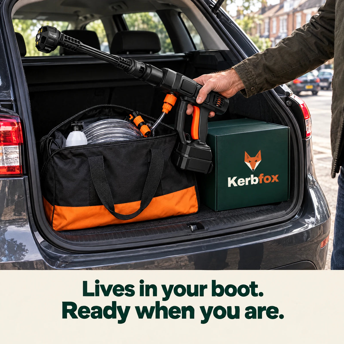 Kerbfox cordless pressure washer and carry bag stored in a car boot