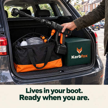 Kerbfox cordless pressure washer and carry bag stored in a car boot