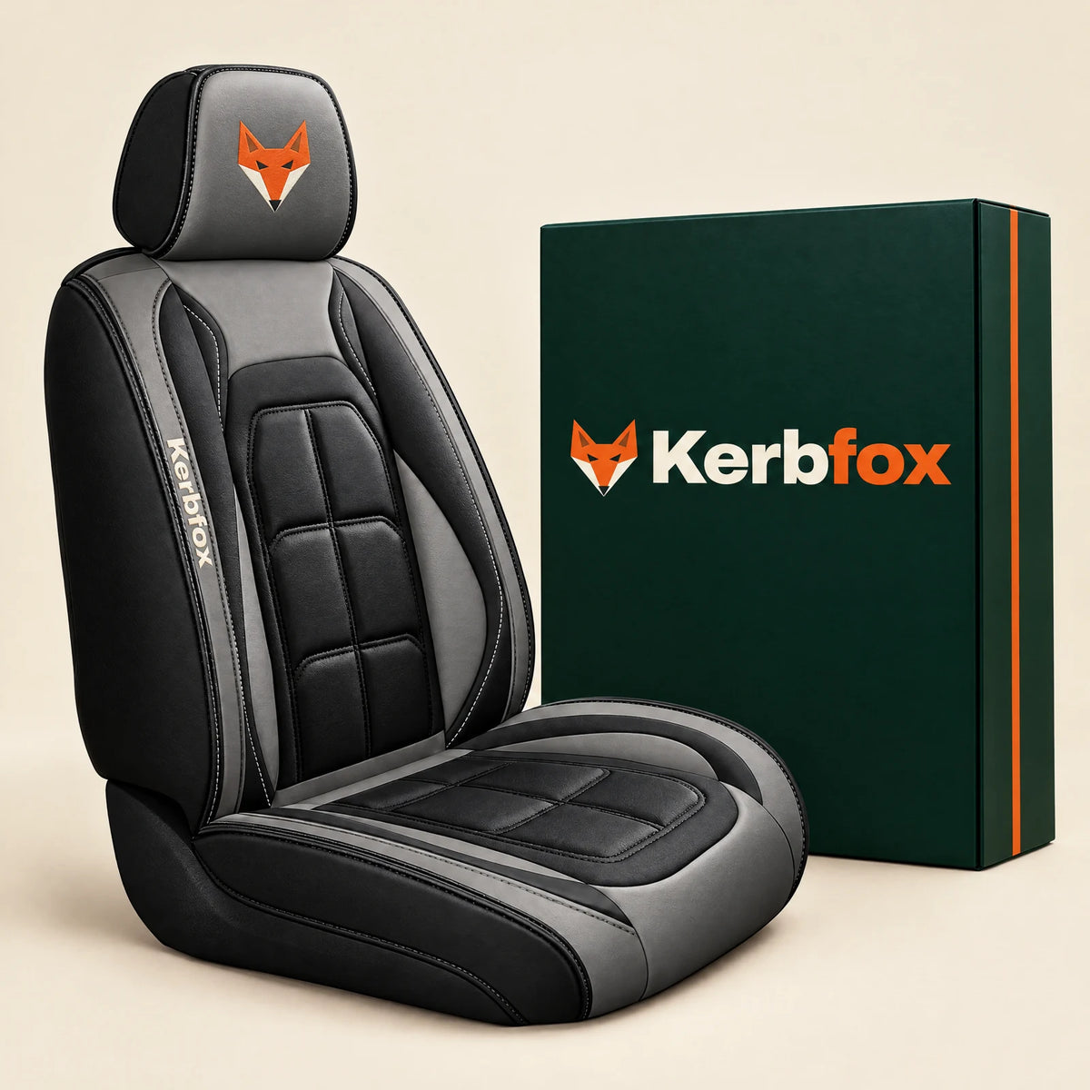 Kerbfox Heritage faux leather car seat cover with its Kerbfox box