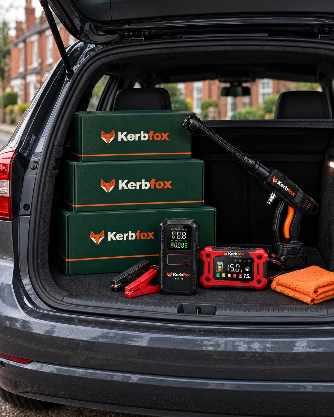 Kerbfox boxes and car kit neatly packed in the boot of a hatchback