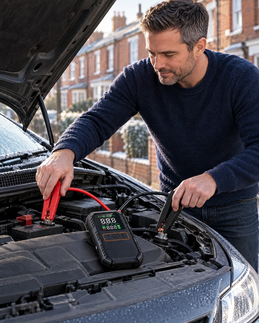 Man jump starting a flat car battery on a frosty morning with the Kerbfox Revive