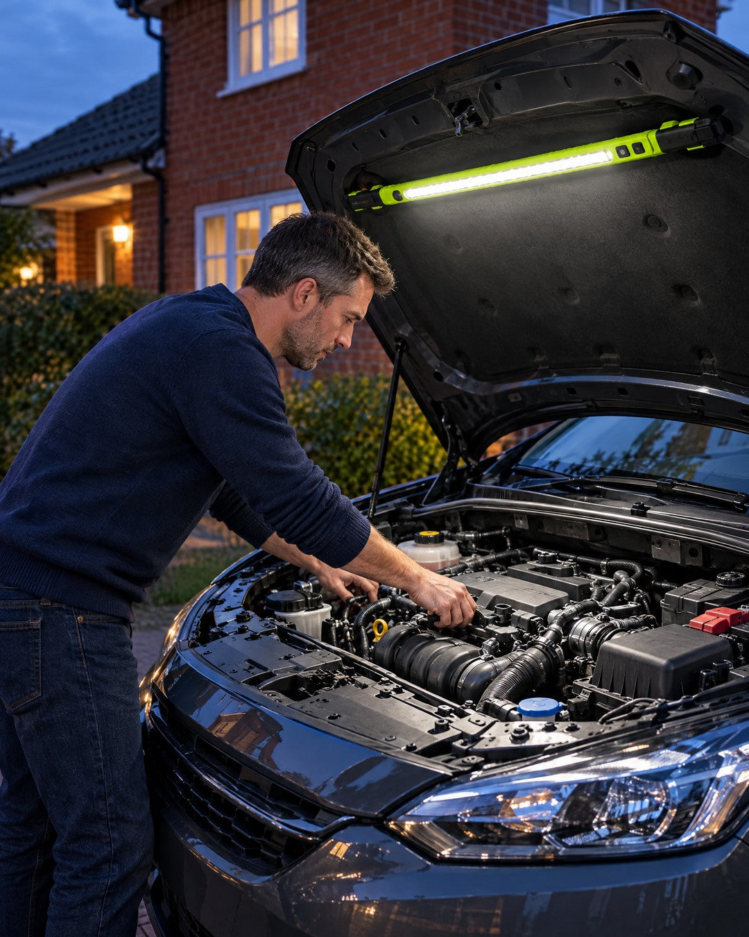 Kerbfox BeamBar magnetic work light lighting an engine bay at dusk