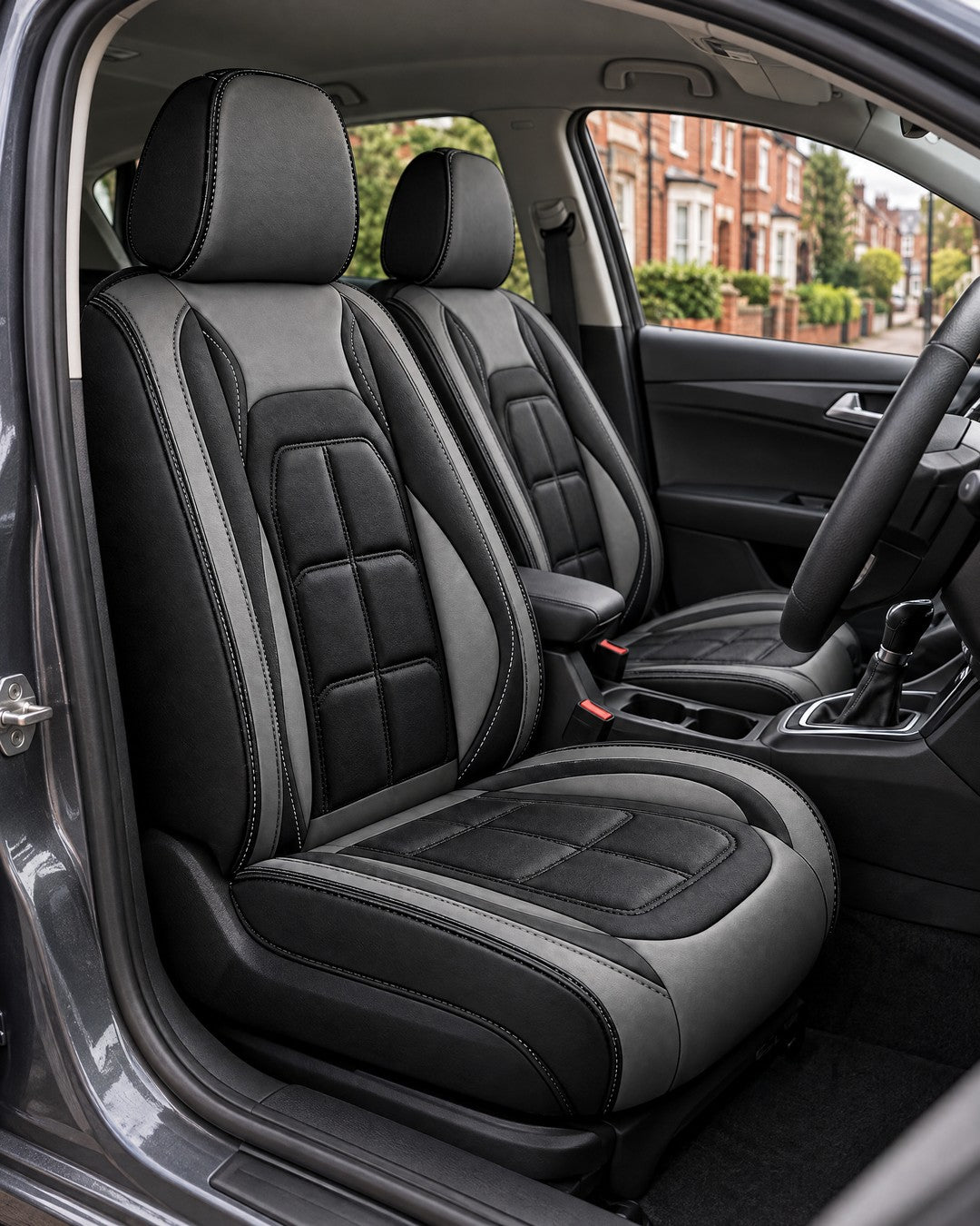 Car front seats fitted with Kerbfox Heritage faux leather seat covers