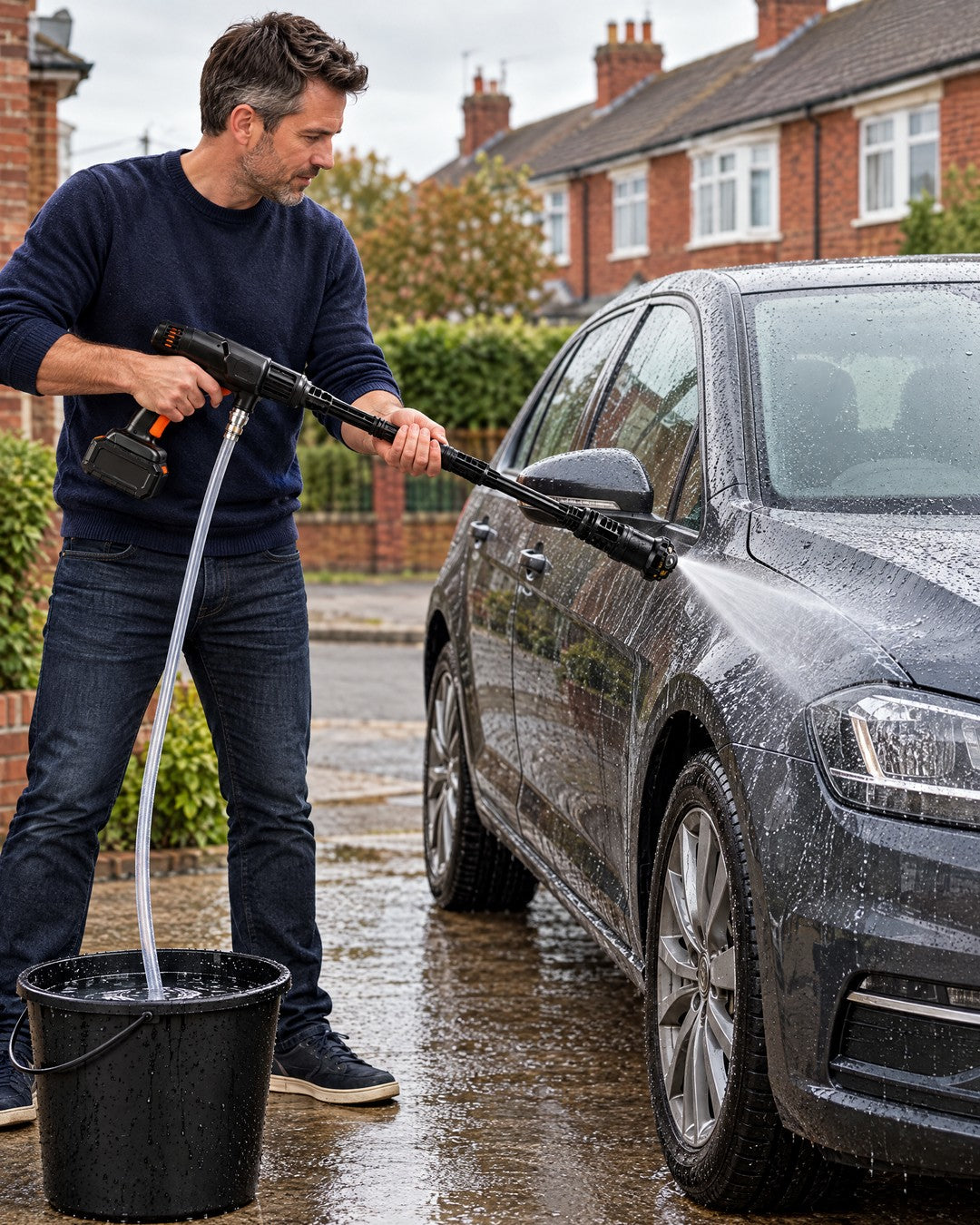 Man washing his car on a British street with the Kerbfox AquaRover cordless pressure washer