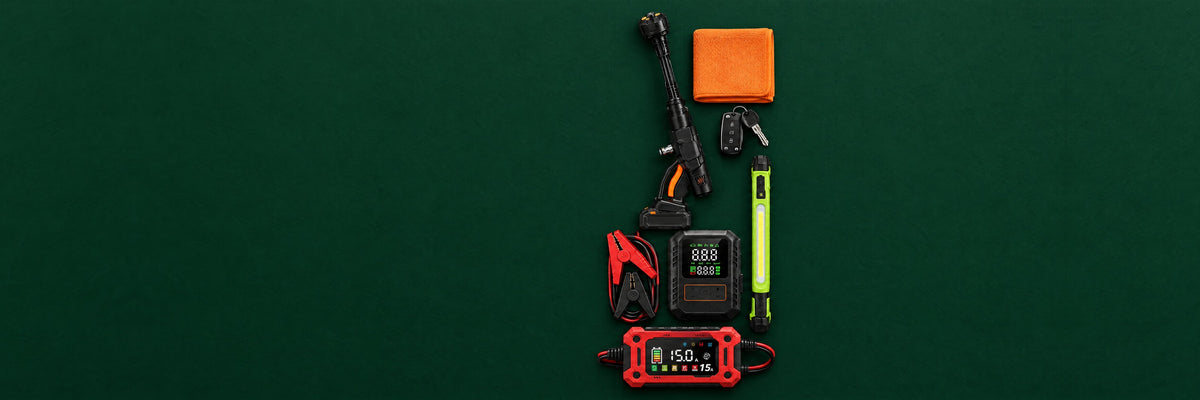 The Kerbfox car kit range: cordless pressure washer, jump starter, smart battery charger and magnetic work light