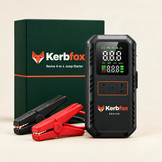Kerbfox Revive 4-in-1 car jump starter with its Kerbfox box