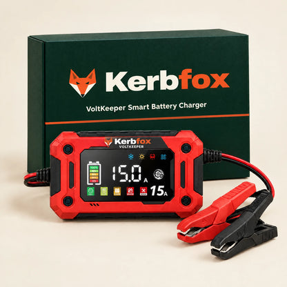Kerbfox VoltKeeper smart car battery charger with its Kerbfox box